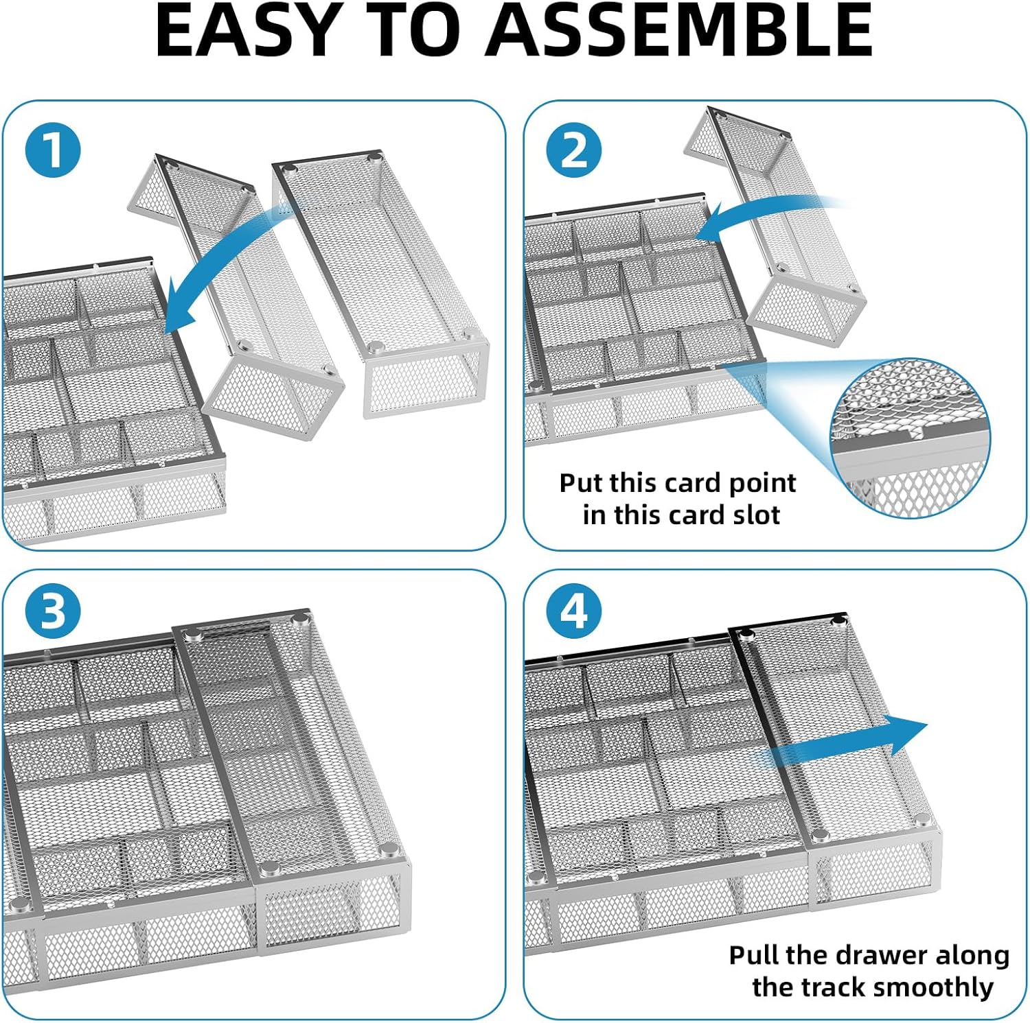 Expandable Desk Drawer Organizer, Mesh Tray with 10 Adjustable Compartments, Desk Organizers for Office Supplies, Makeup & Vanity (Expandable-Silver 2pack)