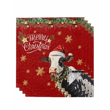 

Red Christmas Cow Cloth Napkins Set of 4 Botanical Xmas Bell Snowflake Washable Reusable Dinner Cocktail Napkin for Kitchen Party Wedding Banquet Holiday Baby Shower Table Decor