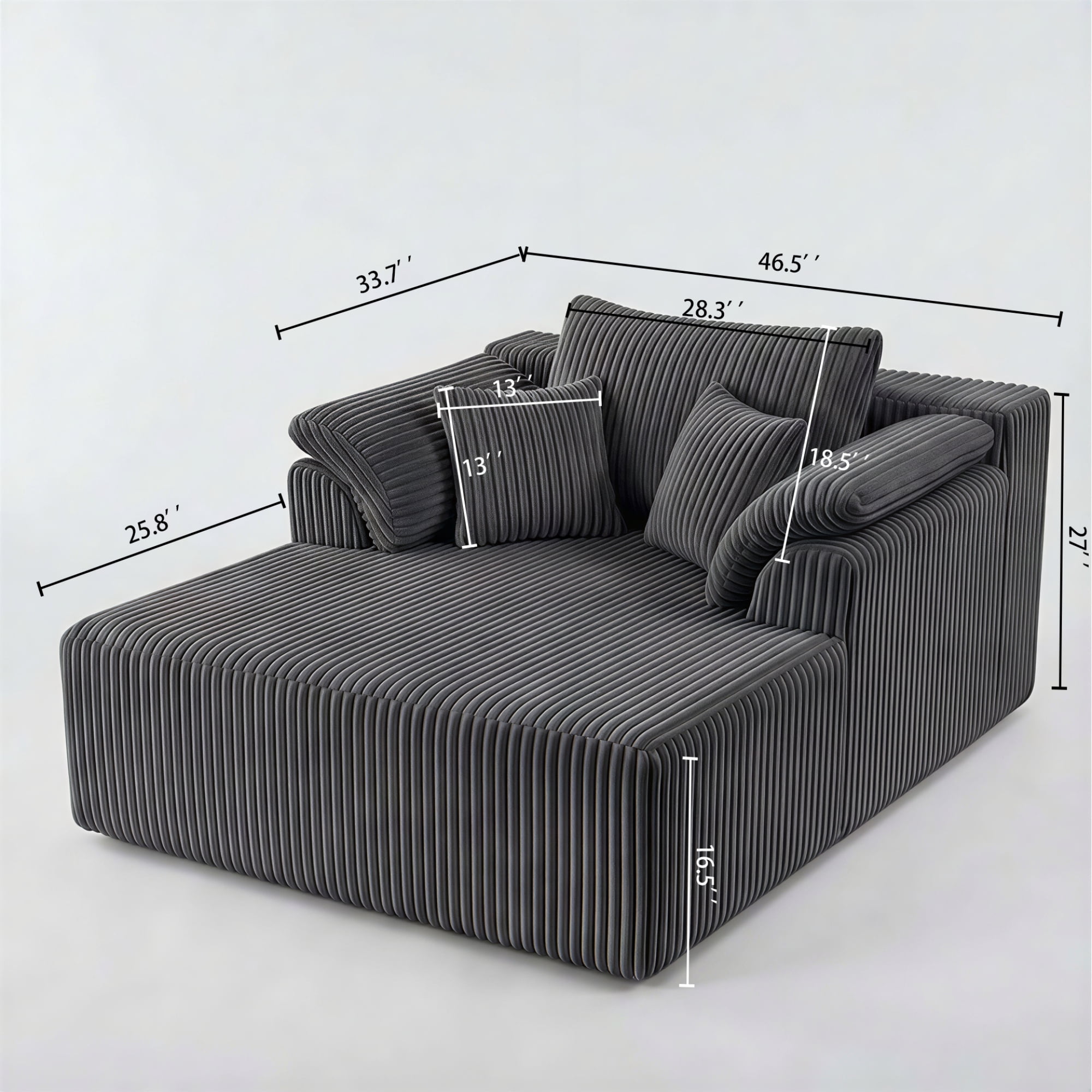 Leumius Oversized Chaise Lounge Chair Indoor,Corduroy Upholstered Boneless Sofa Bed,Modern Deep Seat Cloud Sofa Couch with Back Cushion and Pillows for Living Room, No Assembly Required,Antique Gray