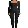 thumbnail image 1 of Women Ribbed Knit Yoga Jumpsuits Square Neck Long Sleeve Bodycon Rompers One-Piece Workout Sports Outfits, 1 of 7