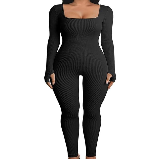 Women Ribbed Knit Yoga Jumpsuits Square Neck Long Sleeve Bodycon Rompers One-Piece Workout Sports Outfits