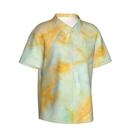 Lsque Yellow With Teal Marble pattern Hawaiian Shirt for Men, Unisex Summer Beach Casual Short Sleeve Button Down Shirts-Large