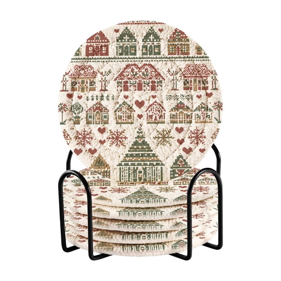 Yayeee 6 PCS Drink Coasters with Holder Set Woven Absorbent Round Tabletop Hot Pad, Green Nordic Christmas House