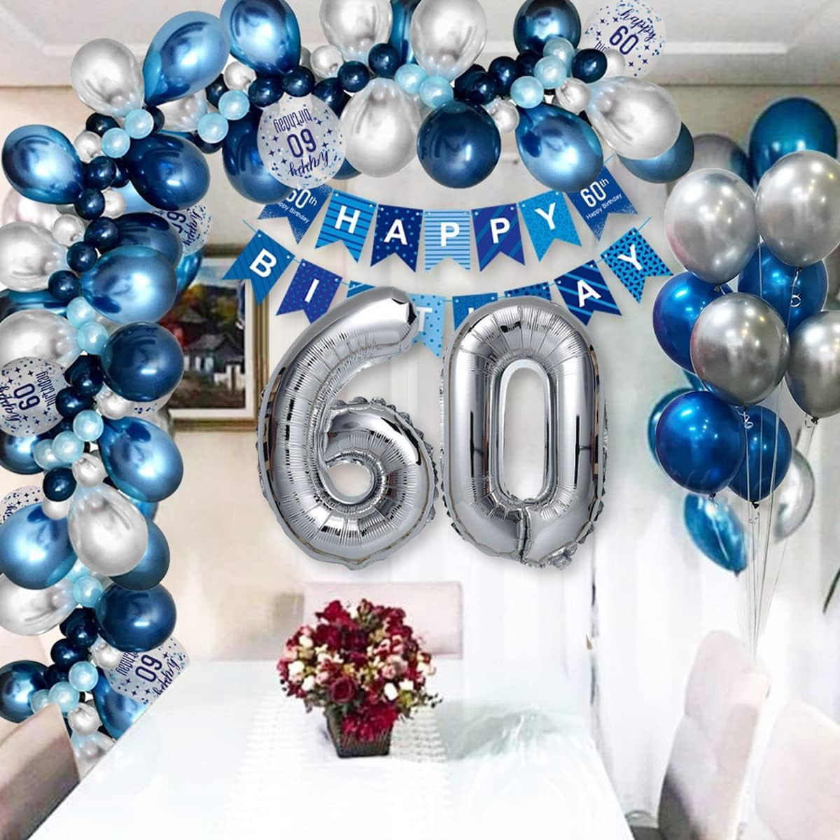 60th Birthday Decoration, Navy Blue Silver Balloons for Woman Man, Birthday Party Decor for Adult