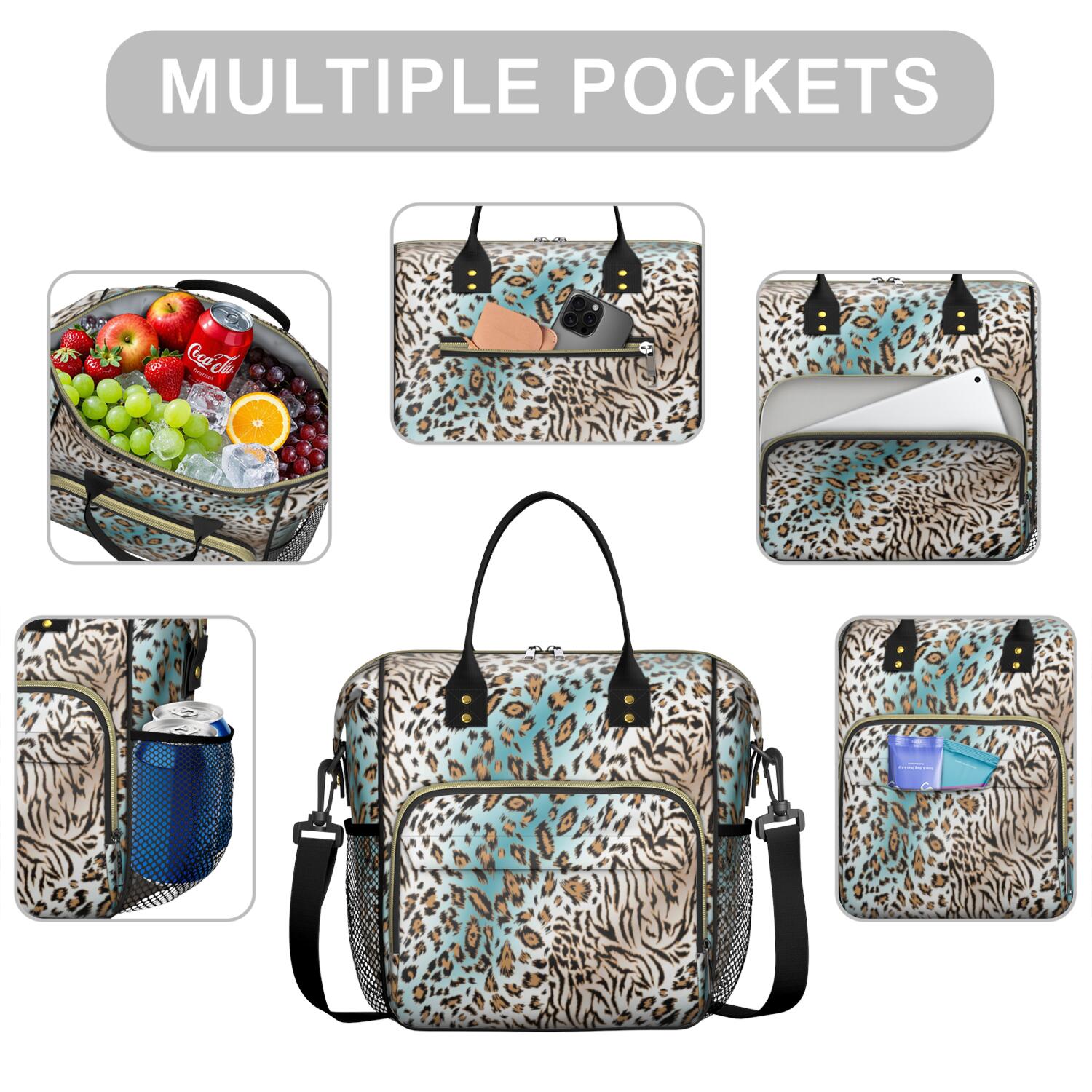 Leopard and Tiger Pattern Womens Lunch Box for Work,Insulated Large Lunch Bag for Tween and Teen,Loncheras Para Mujer,Leakproof Adult Lunch Bag for Work,Beach,Travel,Picnic,Camping