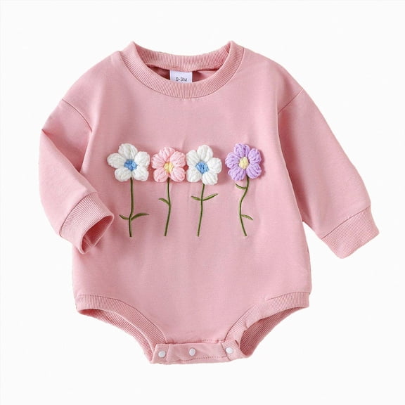 zuwimk Newborn Baby Girl Romper 3D Flower Fall Winter Clothes Striped Waffle Bubble Sweatshirt Cute Coming Home Outfit(3-6 Months,Pink)