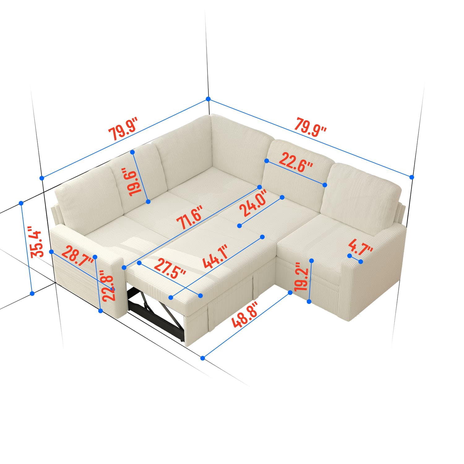 BSHTI Modern L-Shaped Pull-Out Sectional Sleeper Sofa Bed with Storage for Living Room, Beige