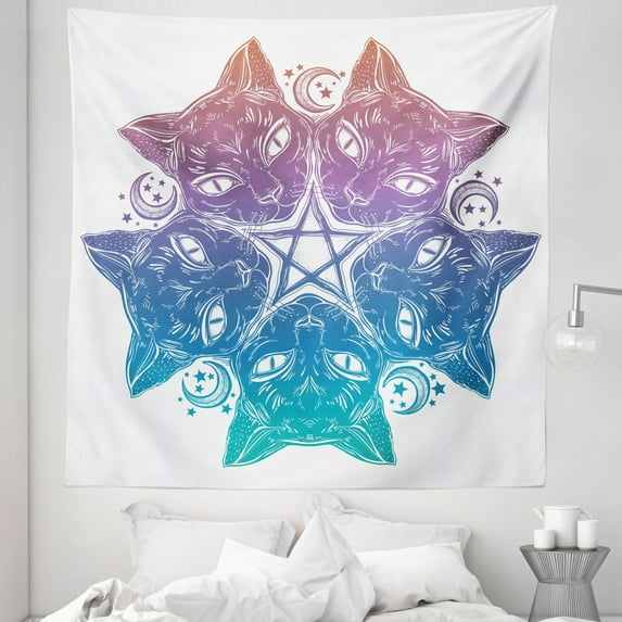 Pentacle Tapestry, Heads of Black Cats Forming a Mandala Design with Crescent Moon Pentagram Star, Fabric Wall Hanging Decor for Bedroom Living Room Dorm, 5 Sizes, Multicolor, by Ambesonne