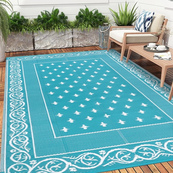 Findosom 9'x12' Teal Large Outdoor Rug Outdoor Mat RV Outdoor Rug Reversible Plastic Straw Rug Patio Rug Waterproof Foldable Portable Camping Rug for RV, Patio, Backyard, Deck, Picnic, Beach, Trailer