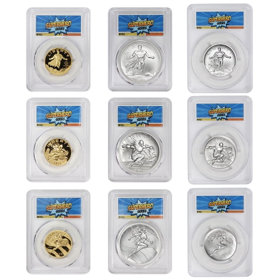 Set of 9 2025 Gold Superman, Batman, Wonder Woman & Silver Medals 2025 PCGS PR70 Deep Cameo & MS70 First Day of Issue Superhero Label with Original Government Packaging U.S. Mint Coins
