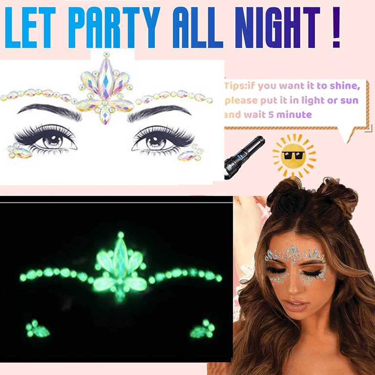 Face Gems Jewels Stick for Women Face Hair Body Makeup Rhinestones Gems  Jewels Rave Party Stick Eye Face Gems Rhinestones Stickers Golw in the Dark