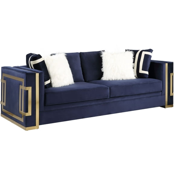 ACME Virrux Sofa w/6 Pillows, Blue Velvet & Gold Finish