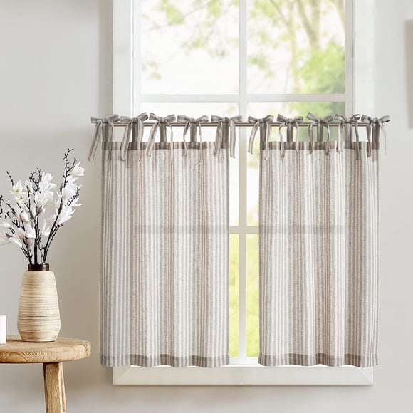 Cortinas de cocina Jinchan con lazo en la parte superior de lino, 60 cm de largo, gris pardo