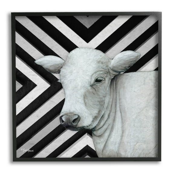 Cow Portrait Stripes Pattern Animals & Insects Graphic Art Black Framed Art Print Wall Art