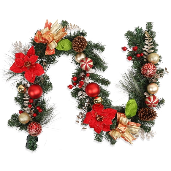 6ft Christmas Decorations Christmas Garland,Red and Gold Theme 20LED Pre-Lit Christmas Garland with Ball Ornaments,Flowers,Ribbons,Pine Cones and Berries for Door Stairs Mantle Christmas Decoration