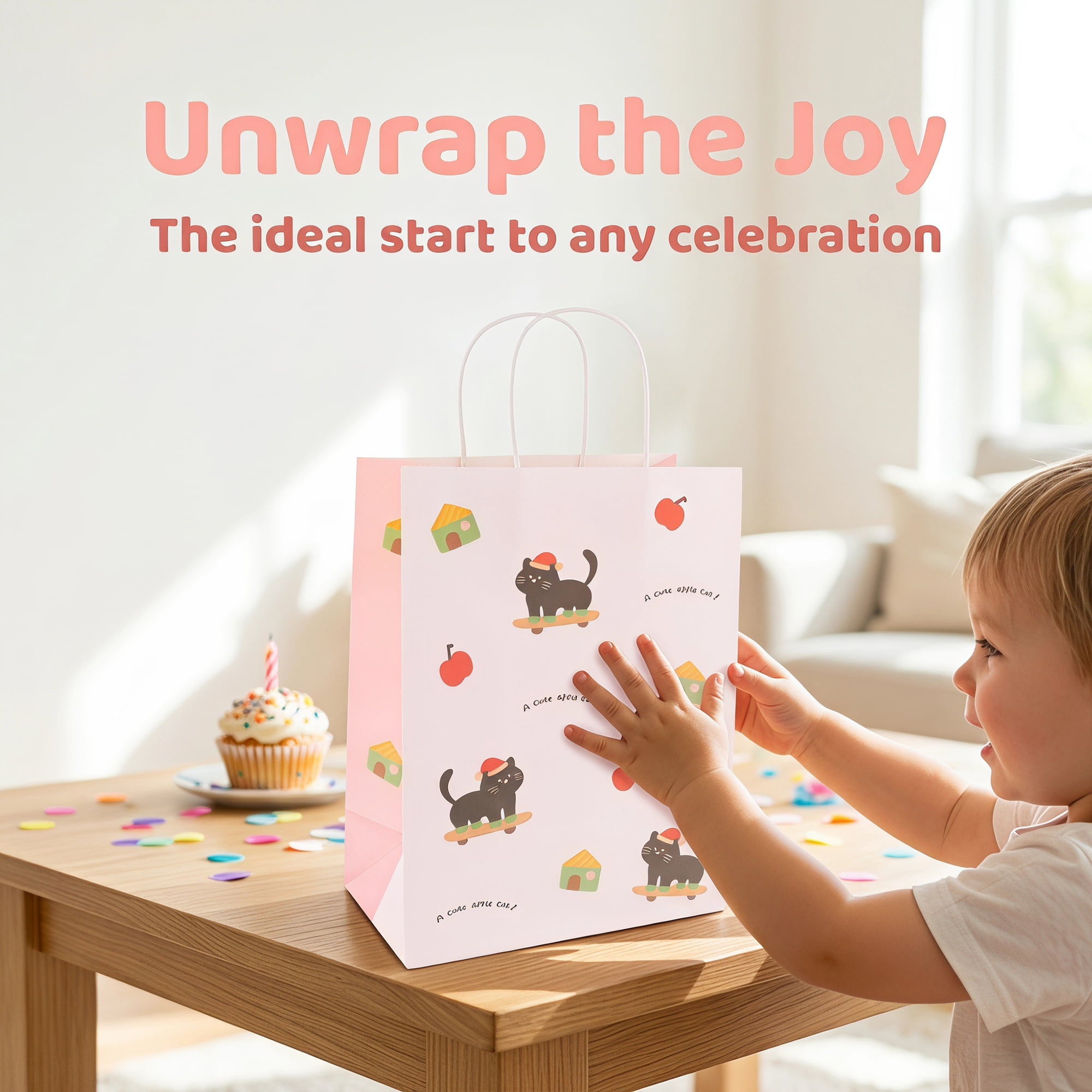 Unique Bargains Cute Playful Cartoon Gift Bags with Handles White 8.3" x 4.3" x 10.6"