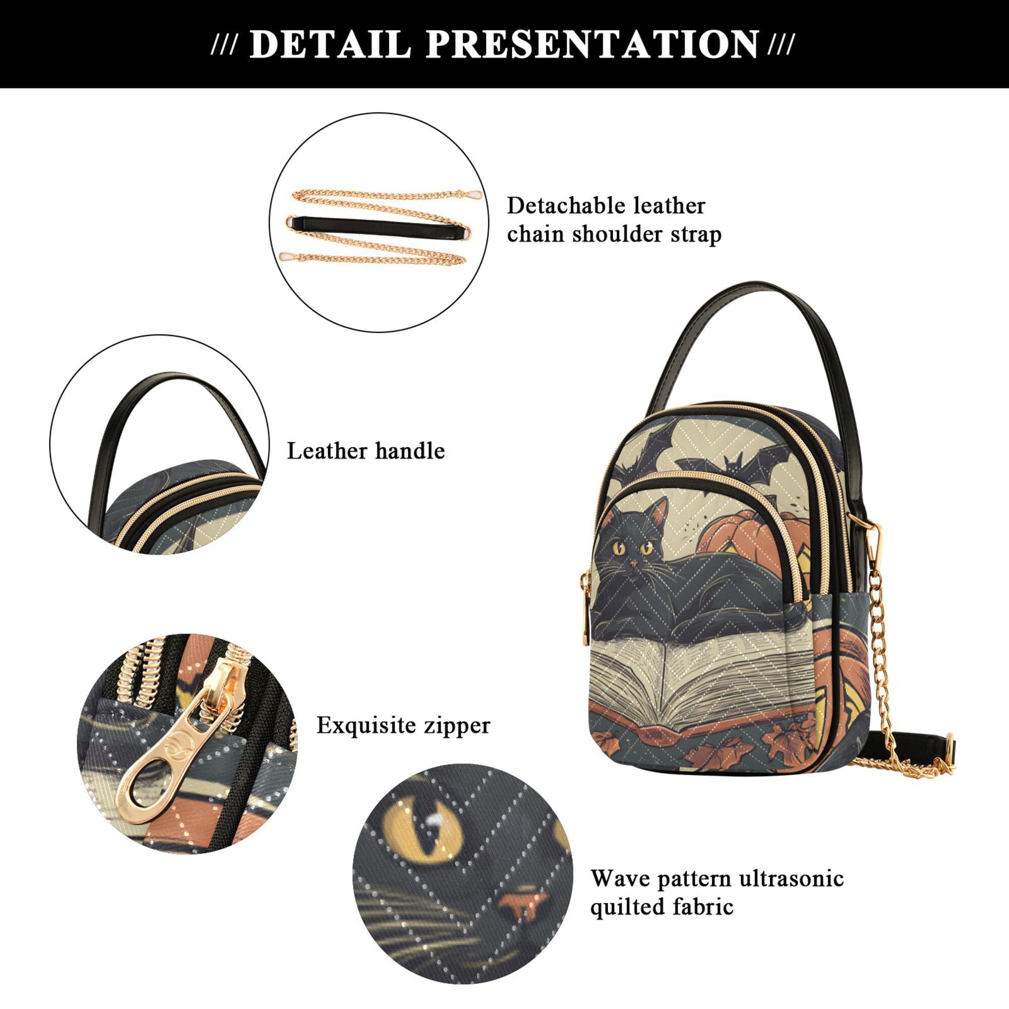 FORMRS Crossbody Bag for Women Quilted Travel Shoulder Cell Phone Purse with Chain Strap Handbag, Black Halloween Cat