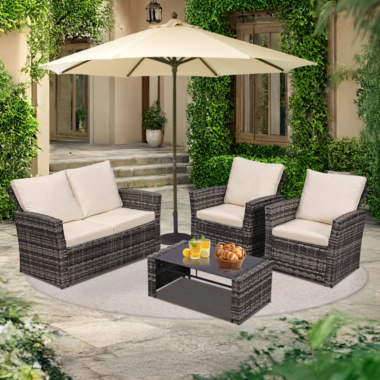 4 Piece Outdoor Patio Furniture Set,Wicker Conversation Sets Outdoor Sectional Patio Sofa Couch with Cushions & Coffee Table for Outside, Garden, Balcony, Porch,(Grey/Beige)
