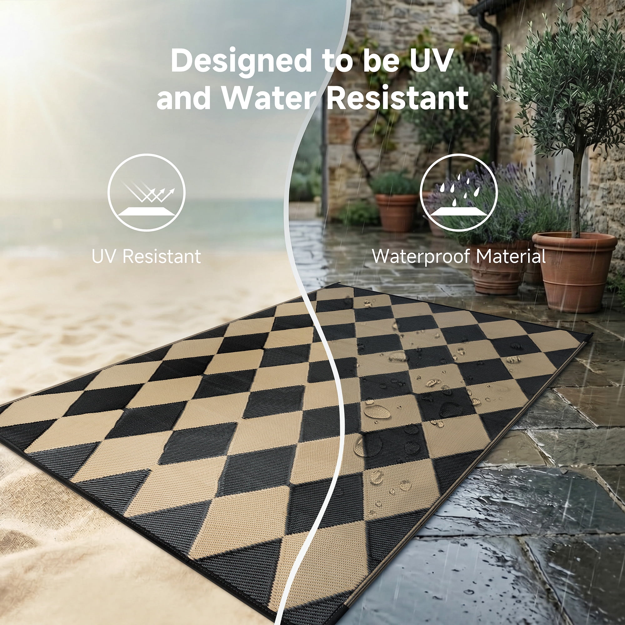 BERTHMEER 5'x8' Outdoor Rugs Waterproof Plastic Rugs Checkered Patio Rugs Straw Rugs Camping Rugs, Porch,Deck Rugs, RV Rugs for outside, Black & Brown