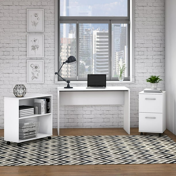 Bush Furniture Office Complete Small Desk With Mobile File Cabinet And Bookcase In Pure White Com Bush Furniture Office Complete Small, Small White Computer Desk With File Drawer