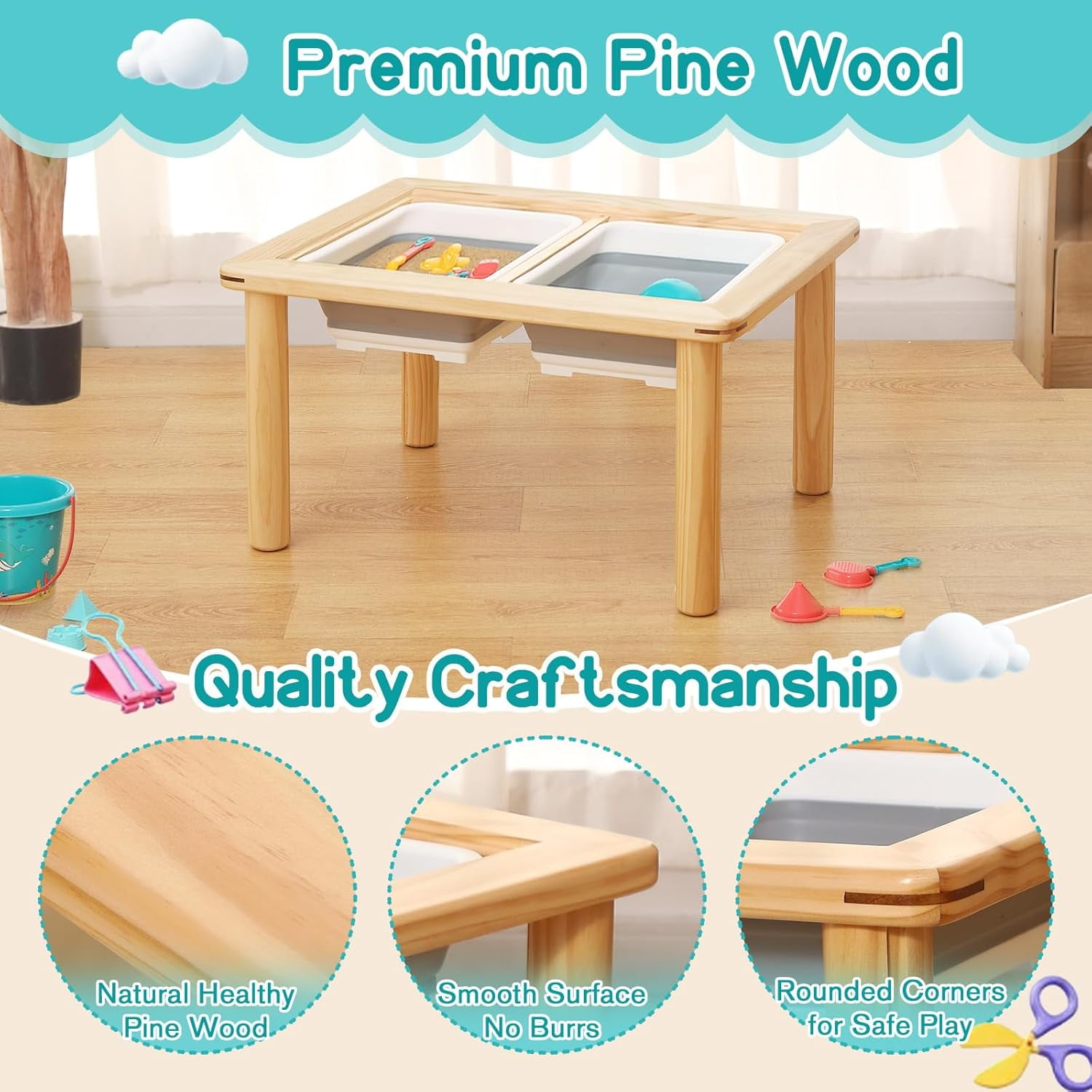 FUNLIO Wooden Sensory Table with 2 Bins for Toddlers 1-5, 4-Level Height Adjustable Kids Activity Table with Anti-Warping Plywood Lid