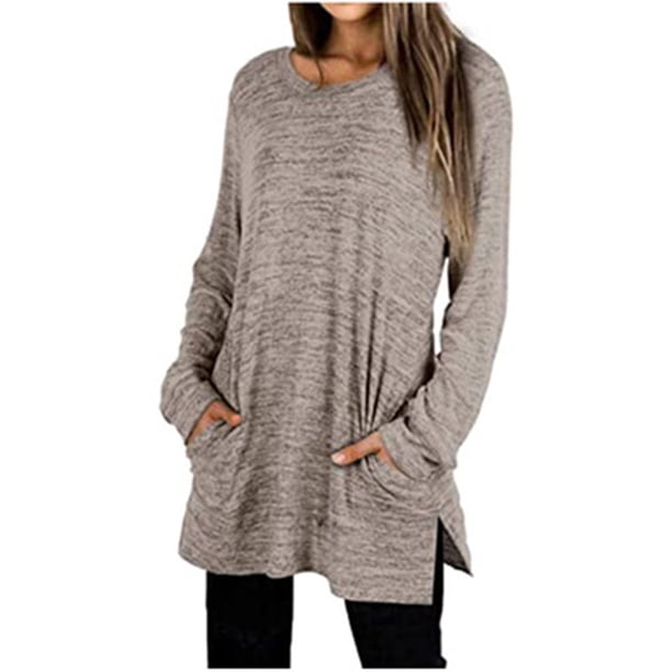 Moda Mujer O-cuello Camiseta de manga larga Otoño Blusa sólida Bolsillos Tops Fridja ghj987+491