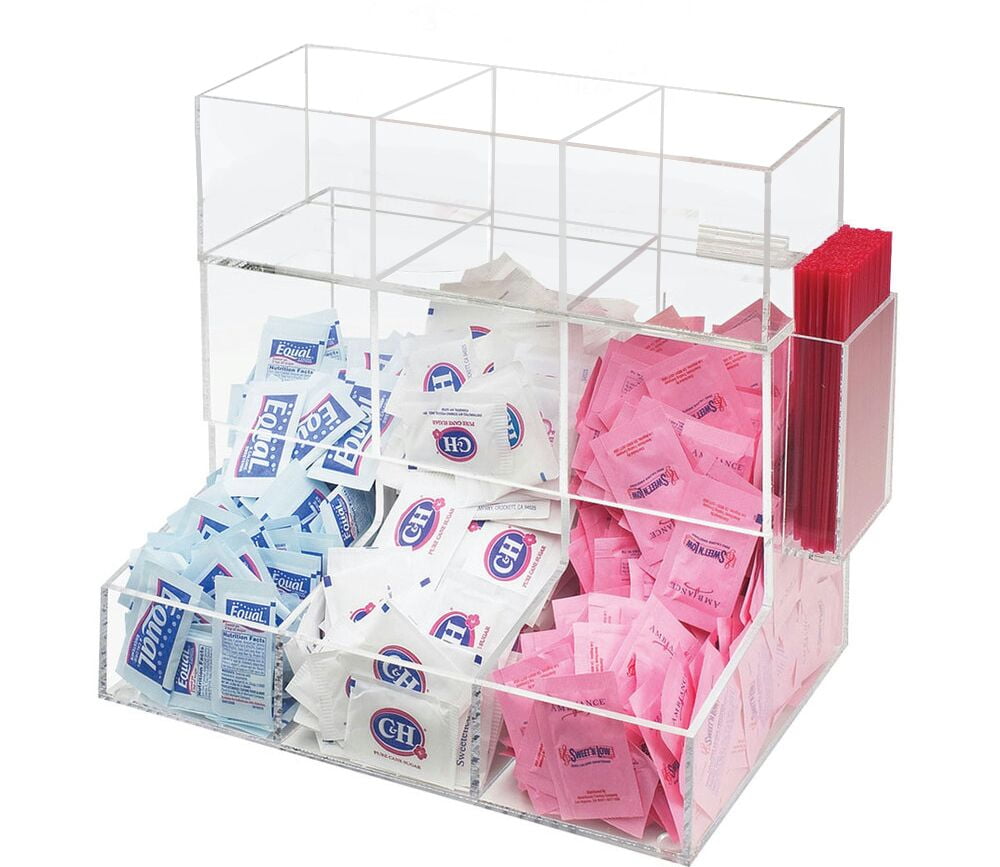 OnDisplay Acrylic Coffee Station & Condiment Organizer – Modular Detachable Top Tier – 6 Compartments for Sugar Packets, Creamers, Syrups, Hot Cups, Tea & Stirrers (Clear)