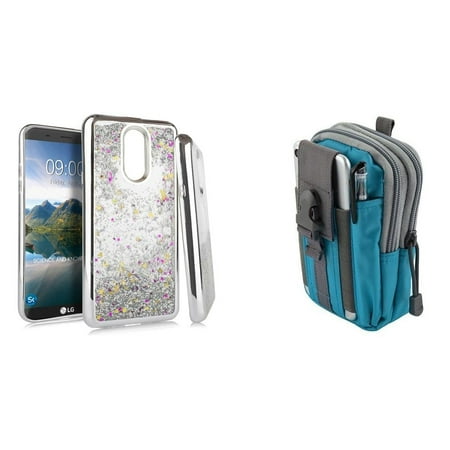 Bemz Liquid Series Compatible with Coolpad Legacy (2019) Case with Flowing Quicksand Glitter Cover (Silver), Tactical MOLLE Organizer Travel Pouch (Blue/Gray) and Atom