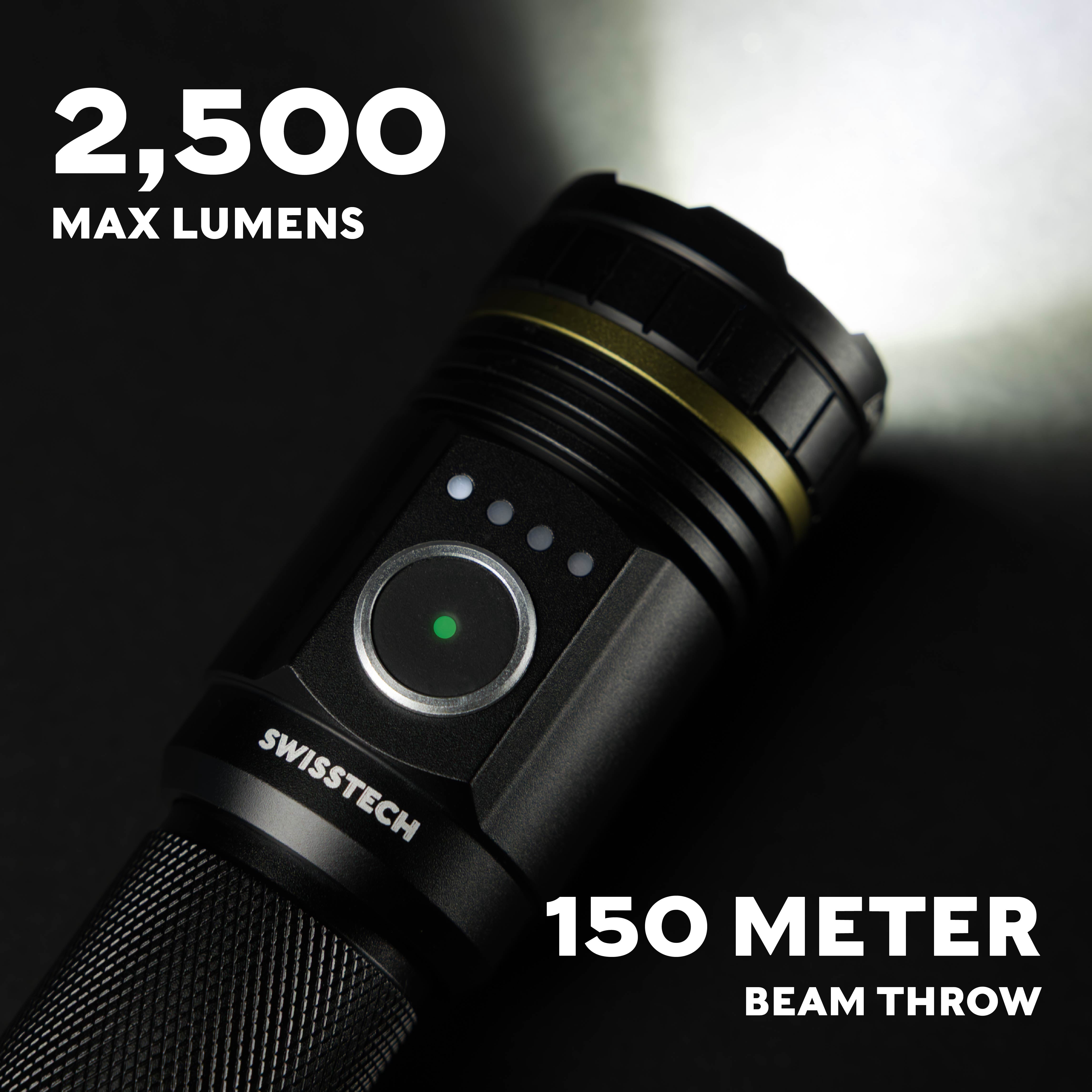 Swiss Tech TAKTISCH 2500LM Rechargeable Tactical LED Flashlight, Waterproof Aluminum