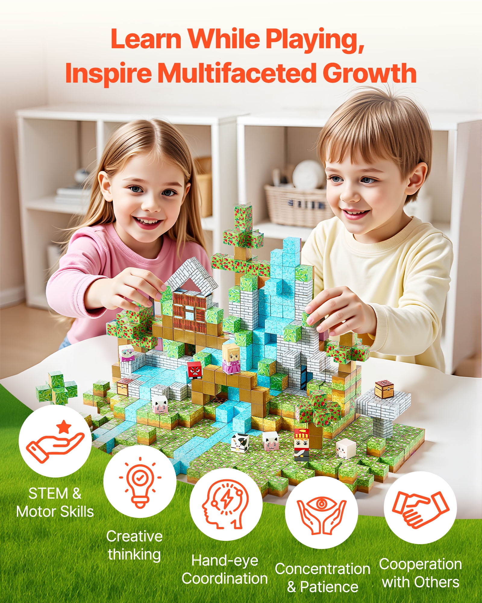 VEVOR Magnetic Blocks, 150 PCS Forest Castle Set, Magnetic Building Cubes for Kids, STEM Montessori Sensory Toys for Christmas Birthday Gift, Construction Stacking Toy for 3+ Years Old Boys & Girls