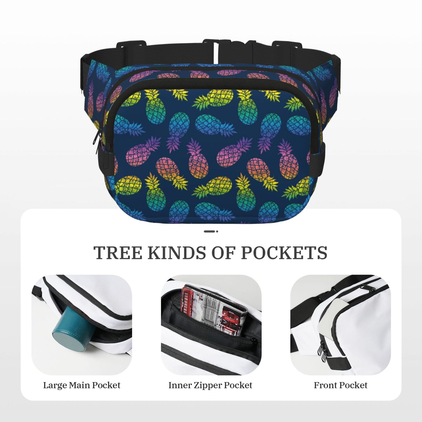 Picia Retro Bright Pineapple Print Square Double-Layer Waist Bag Mini Adjustable Waist Belt Bag Exercise Running Travel Hiking