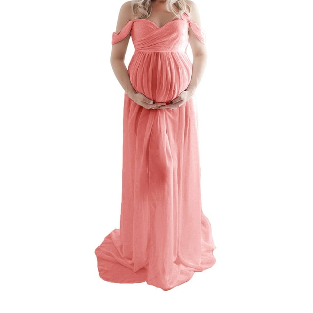 stanreset Robe de Maternité pour Photographie, Épaules Dénudées, Robe Longue en Mousseline, devant, Grossesse, Longues Robes, Femmes, Accessoire de Séance Photo, Prise de Vue, Fruit, Rose, G