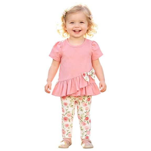SGMVNU Toddler Baby Girls Clothes Set, Short Sleeve Ruffle Bowknot Top and Floral Pants 2Pcs Spring Summer Outfit, Size 2-3 Years, Red