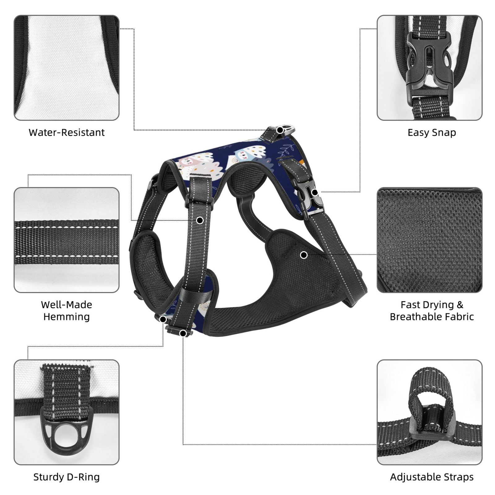 Vsdgher Mom And Baby Owls Pattern Dog Harness,No Pull Pet Harness with Soft Padded Handle,Adjustable Reflective Vest with 2 Buckles,4 Slide Buckles,S-XL Medium