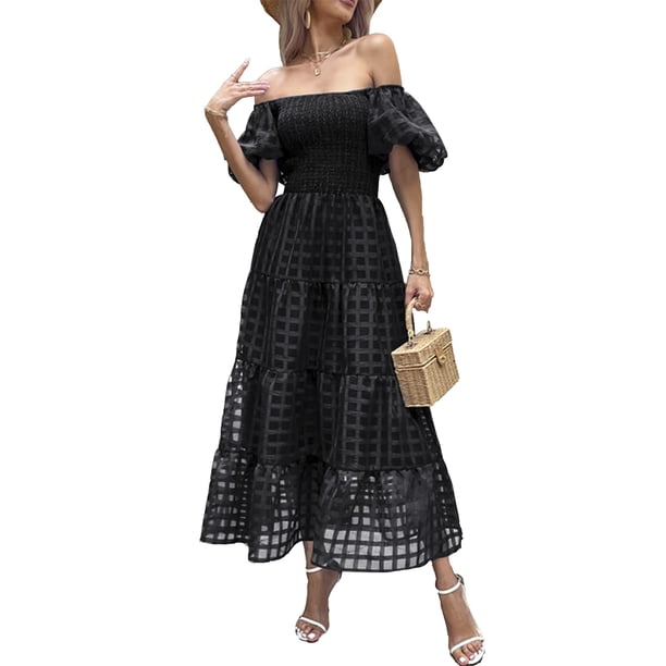 Vestido Maxi Negro PRETTYGARDEN con Mangas Abullonadas y Escote Cuadrado S