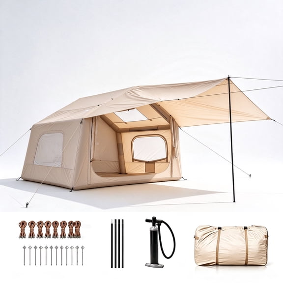 Inflatable Tent with Skylight, 4-5 Person, Portable Quick Setup Blow Up Tents with Pump, Waterproof Air Glamping Tent with Canopy & Mesh Windows, for Camping, Beach, Outdoor, Khaki