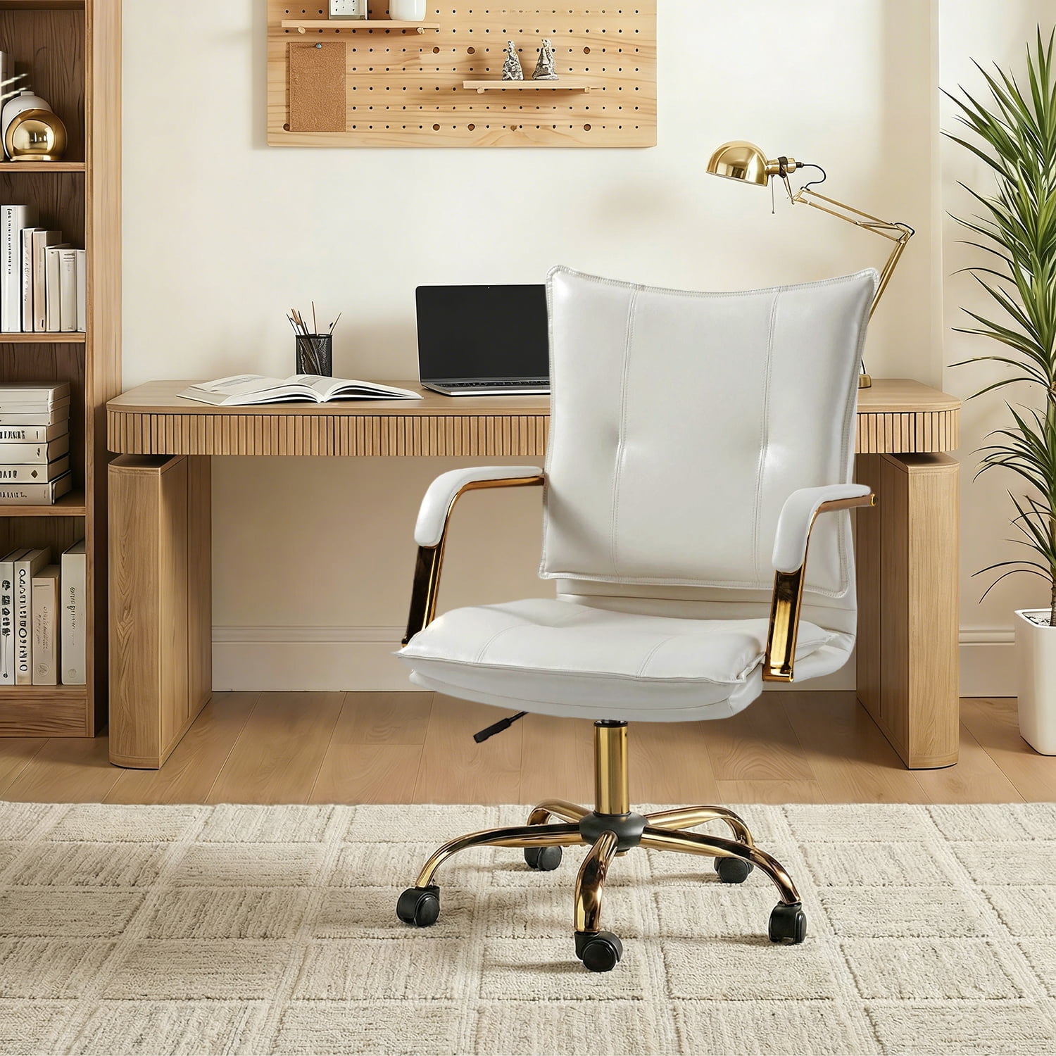 Tina's Home Luxury Faux Leather Office Chair with Golden Accents, Adjustable Swivel Ergonomic Desk Chair for Executive Comfort and Style White
