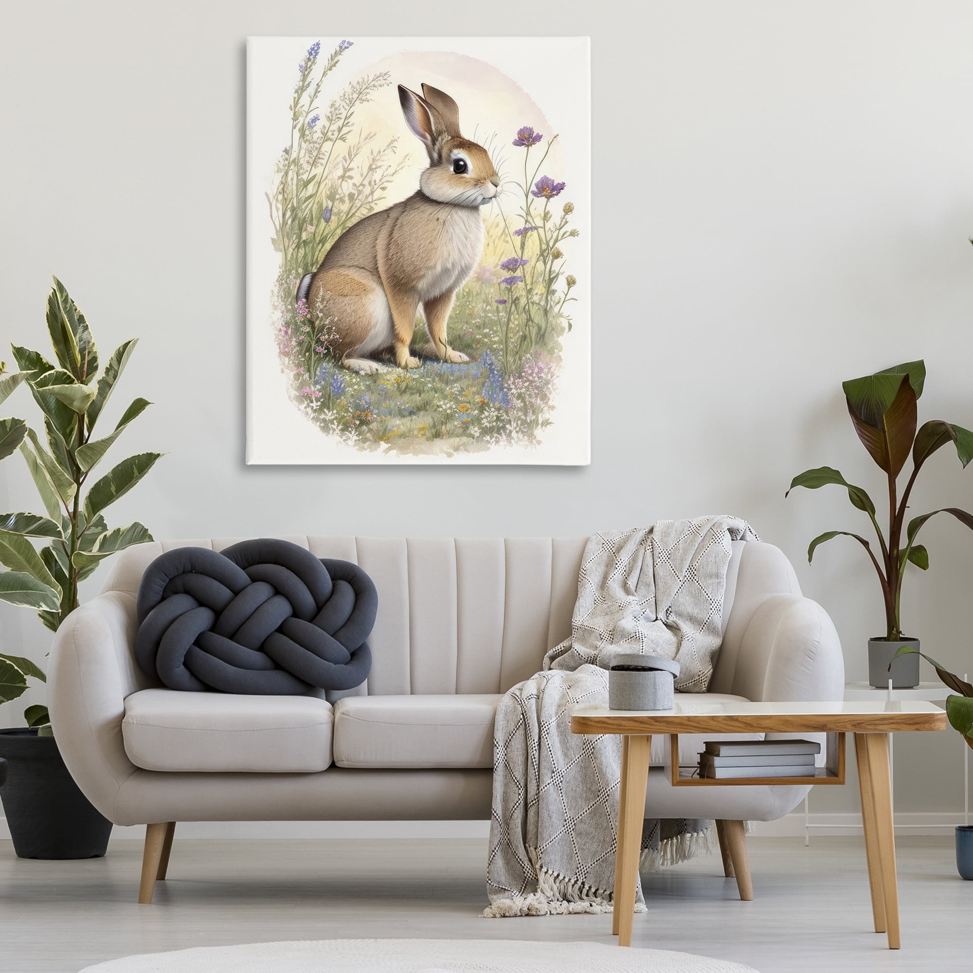 Stupell Industries Rabbit with Meadow Blooms Animals & Insects Painting Gallery Wrapped Canvas Art Print Wall Art, 36 x 48