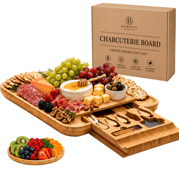 Bambusi Bamboo Charcuterie Board Gift Set with Hidden Drawer, Cheese Board Platter, 8 Piece Serving Set, Square 13.5"