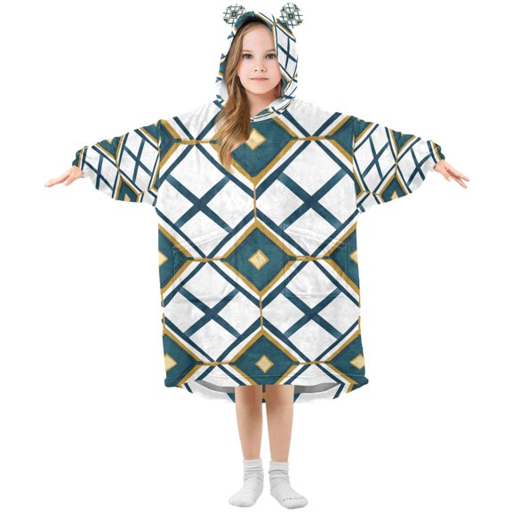FORMRS Wearable Blanket Hoodie with Sleeves for Kids Cozy Flannel Sweatshirt, Gold Geometric Pattern