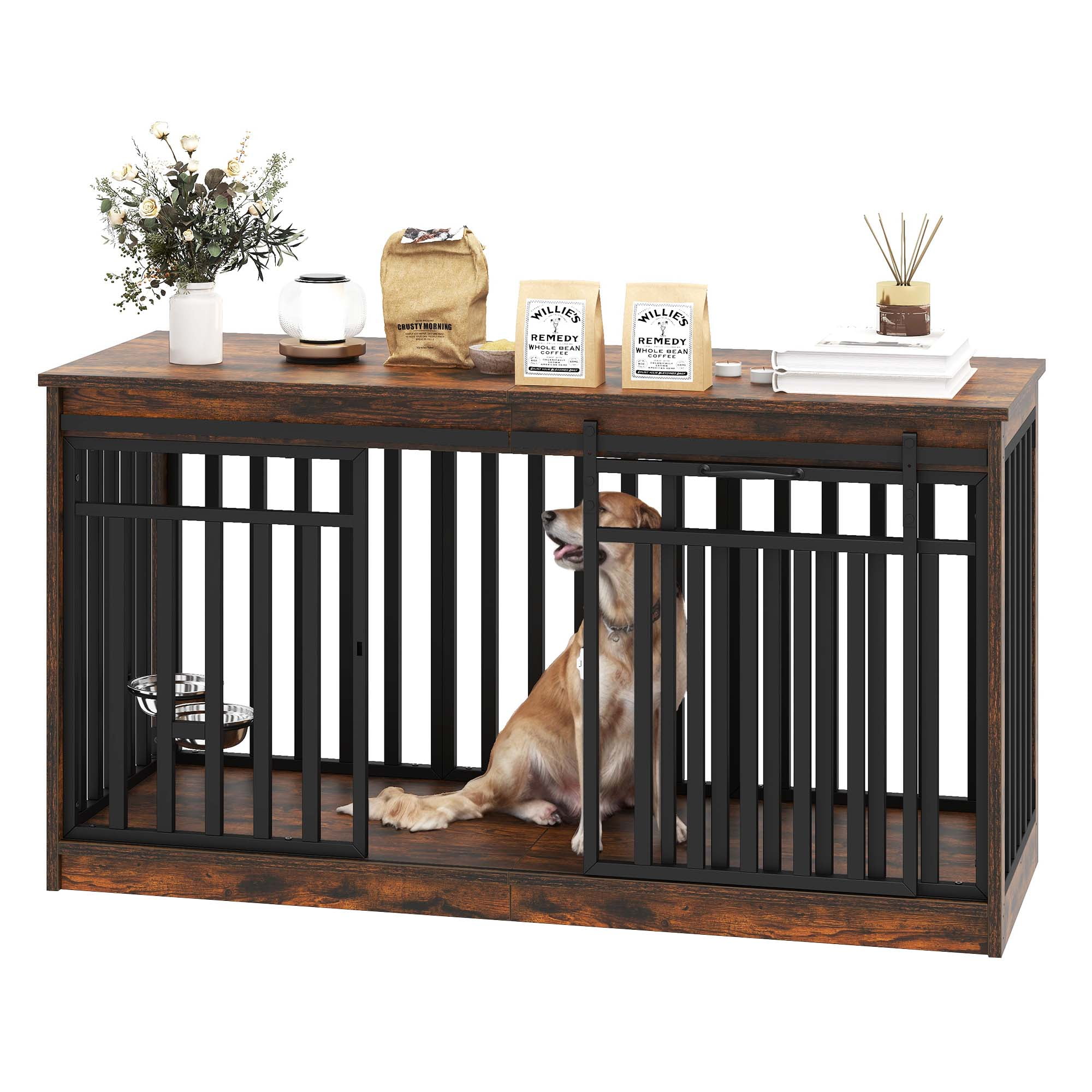 Dextrus Dog Crate Furniture with Sliding Doors, 55.1 In Large Wooden Indoor Dog Kennel Dog Cage Table with Dog Bowl for Medium Extra Large Dogs
