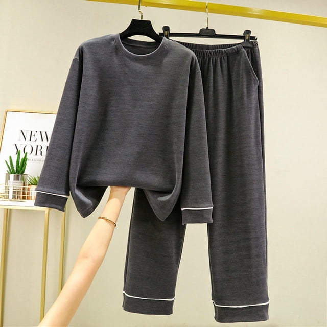 Puntoco Pijamas para mujer, moda femenina, color sólido, cuello redondo, ropa informal cálida para el hogar, conjunto de pijama
