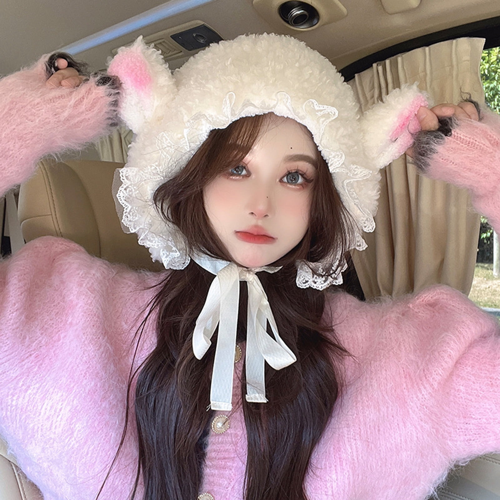 rygai Ladies Hat Photo Prop Sheep Ear Decor Solid Color Fluffy Thick Keep Warm Windproof Adjustable Winter Hat for Students,White
