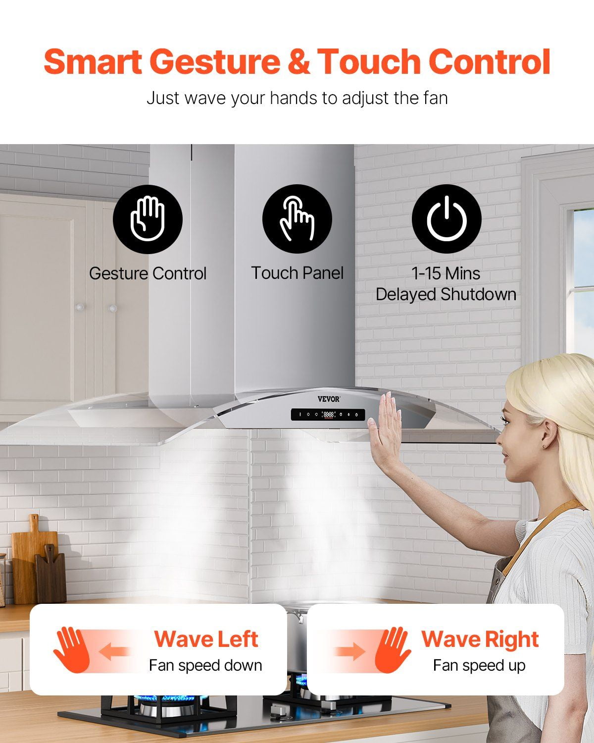 30" Wall Mount Range Hood Ceiling Mount Vent 800CFM Gesture & Touch Control