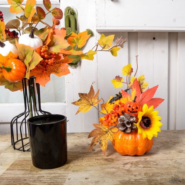 Xihbxyly Decoración de Calabaza de Halloween, Adorno de Acción de Gracias de Otoño, Diseño Único con Hojas y Bayas, Decoración de Mesa o Sala de Estar, Fácil Mantenimiento, Tamaño Pequeño 19 X 19 X 2
