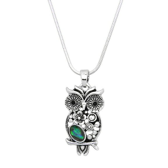 Owl Pendant Necklace Abalone Shell Rhodium Plated 17 Inch Snake Chain J0772