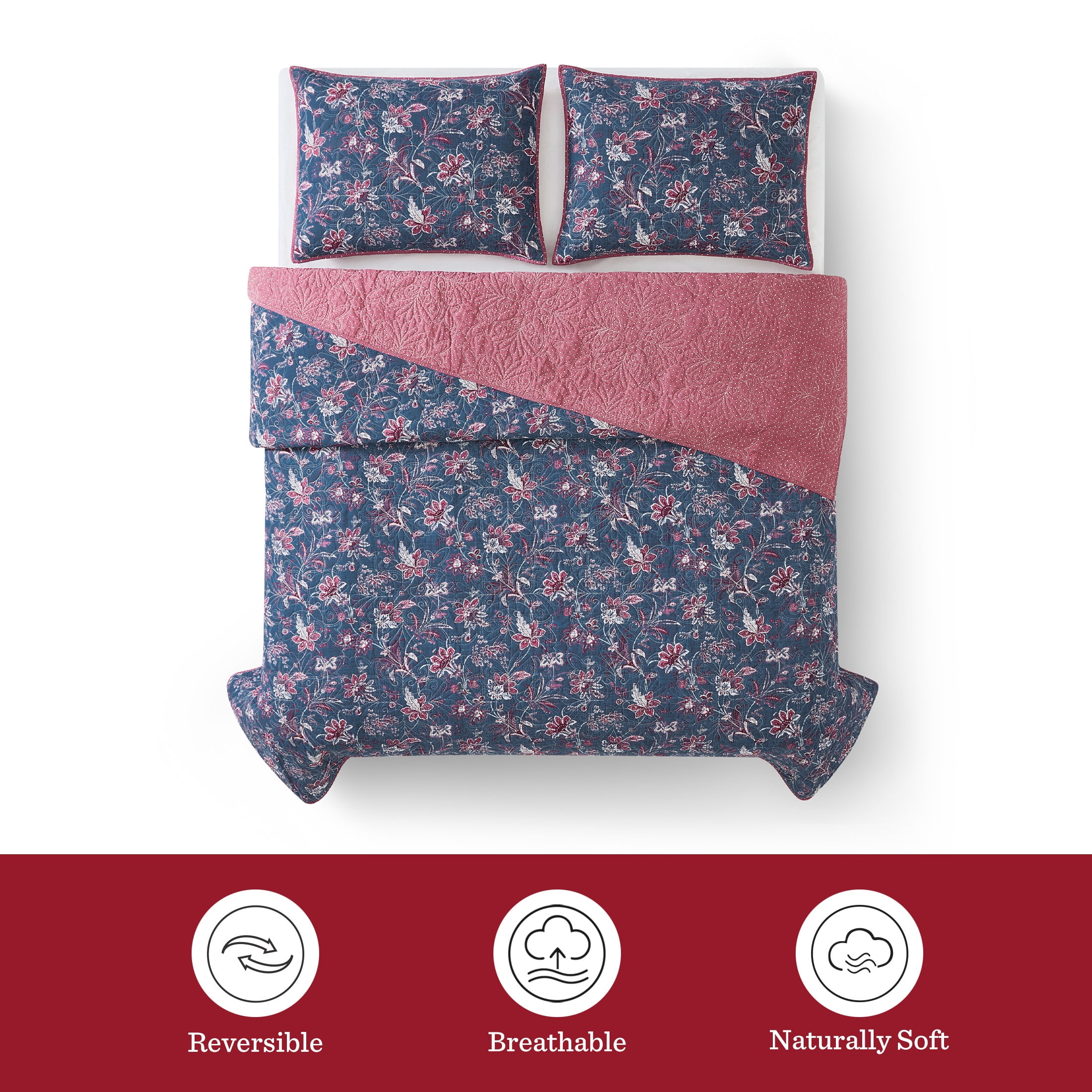 Country Home Queen Quilt Set, 100% Cotton & Reversible, Americana Floral Print, 3-Piece