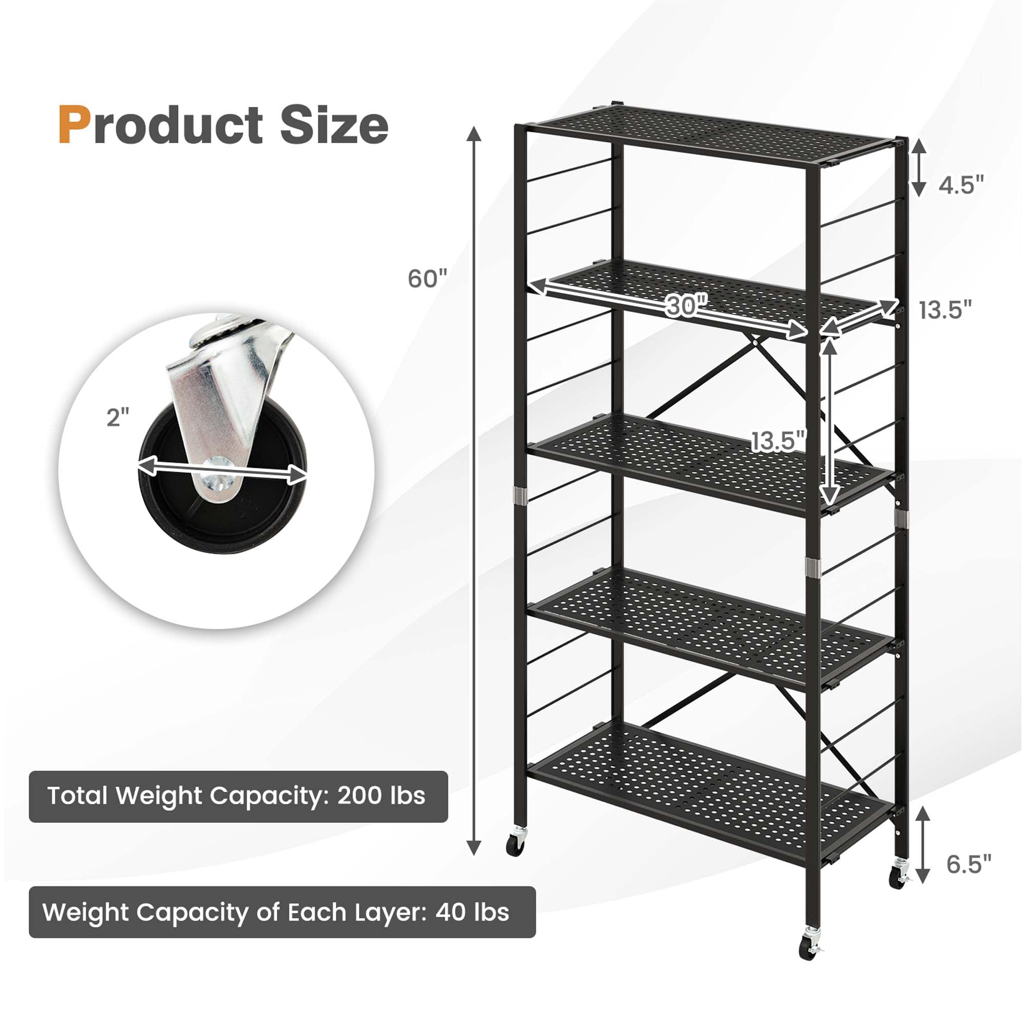 Costway 2 PCS Foldable Storage Shelves Adjustable Collapsible Organizer Rack with Wheels