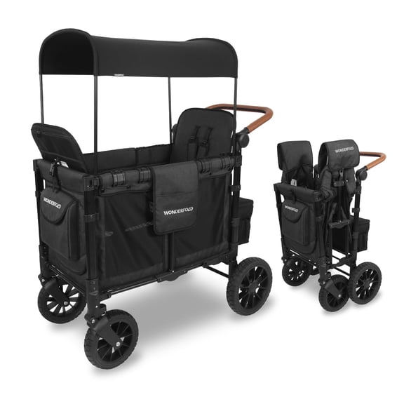 WONDERFOLD W2 Luxe Cochecito Wagon (2 plazas) - Cochecito plegable con asientos con hebilla magnética, arneses de 5 puntos y capota ajustable, negro volcánico