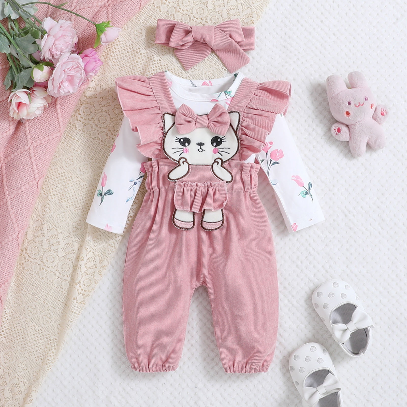 Karoyedx Baby Girls' Clothing Baby Girl Clothes Fall Winter Outfit Infant Girl Long Sleeve Ruffle Romper One Piece Jumpsuit with Headband Pink Size,0-3 Months